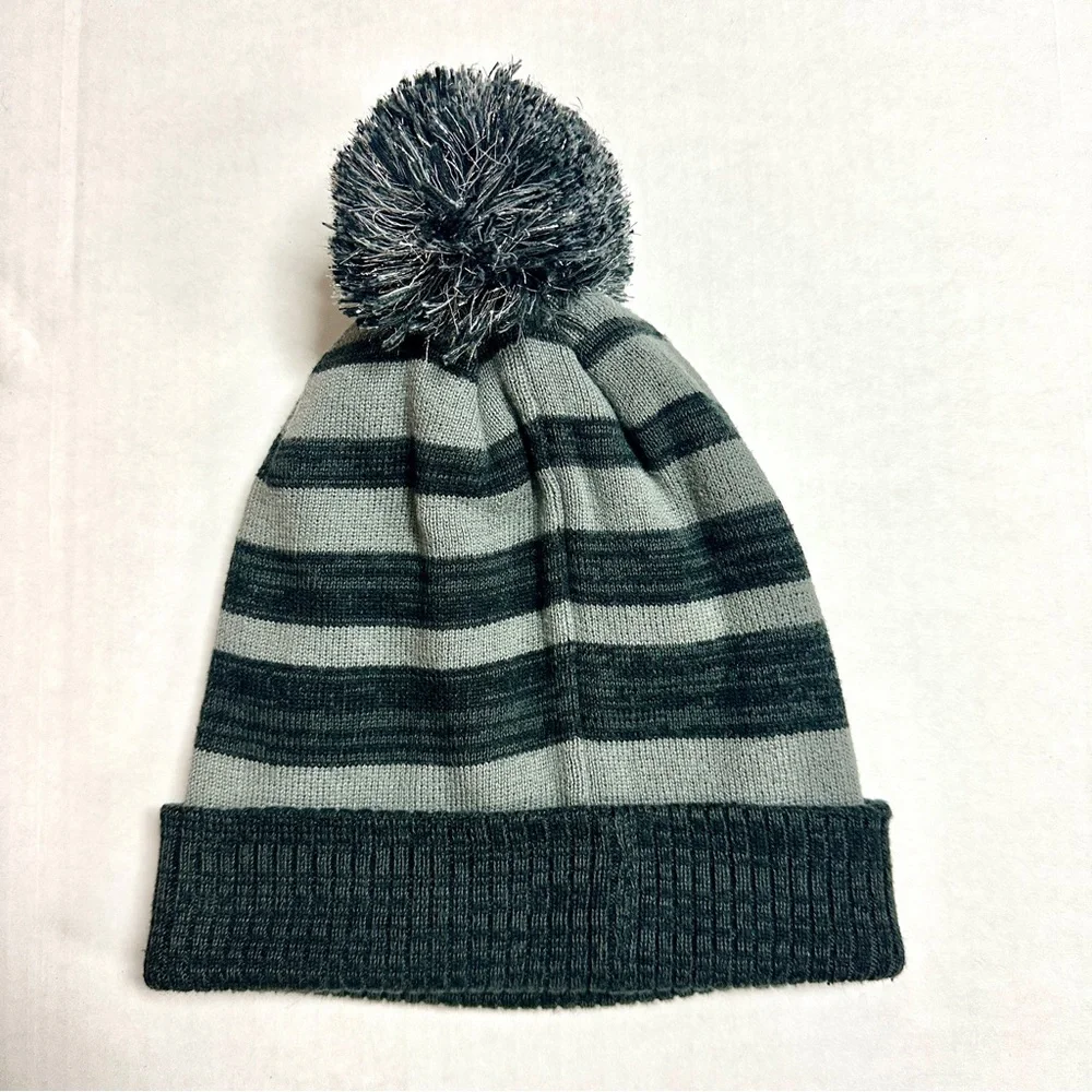 Nike Youth Striped Pom Pom Beanie Gray Silver Accents